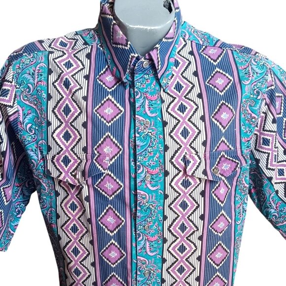 Vintage Large Brushpopper Western Shirt Aztec Geometric Wrangler USA Cowboy Cut - Picture 1 of 8